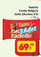 TADELLE FINDIK DOLGULU SÜTLÜ ÇİKOLATA 3X30 G